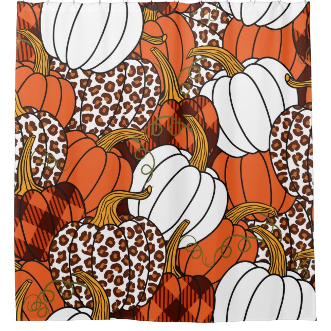  Various pumpkins. Leopard, orange, white and buff Shower Curtain (Front)