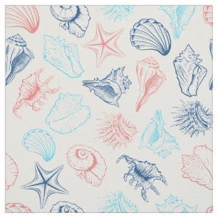 Various red blue seashells line art pattern fabric