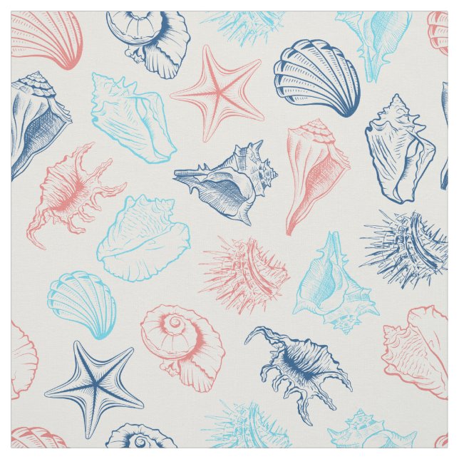 Various red blue seashells line art pattern fabric (Swatch)