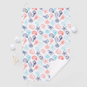 Various red blue seashells line art pattern golf towel