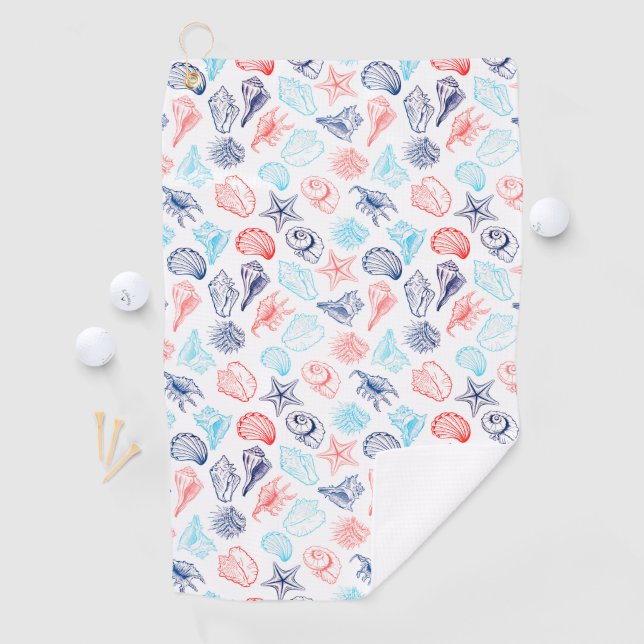 Various red blue seashells line art pattern golf towel (InSitu)