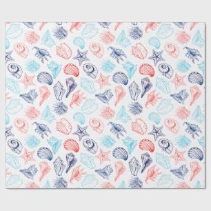 Various red blue seashells line art pattern wrapping paper