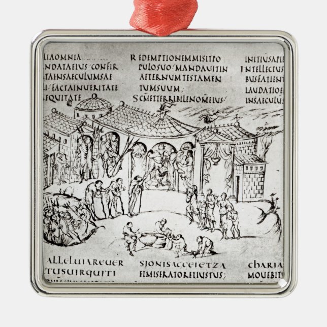 Various scenes illustrating a psalm metal tree decoration (Front)
