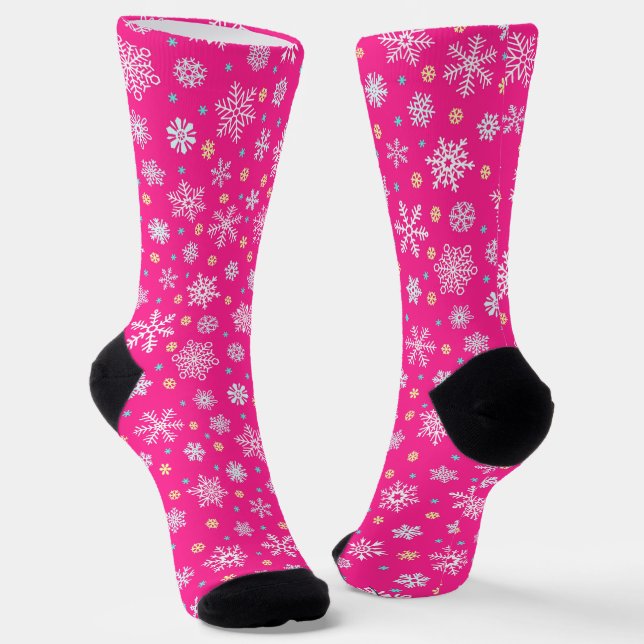 Various Shapes Snowflakes Pink Hot Pink elegant Socks (Angled)