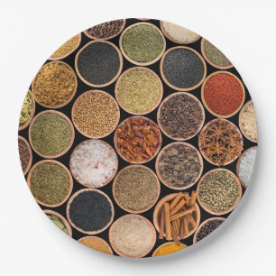 Various spices and food ingredients paper plate