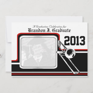 Varsity Band Trombone Graduation Photo Red Invitation