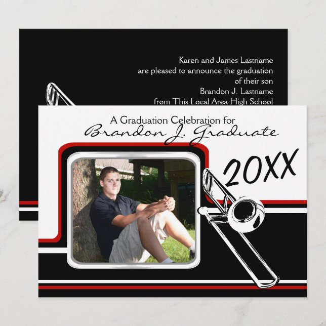 Varsity Band Trombone Graduation Photo Red Invitation (Front/Back)