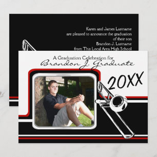 Varsity Band Trombone Graduation Photo Red Invitation