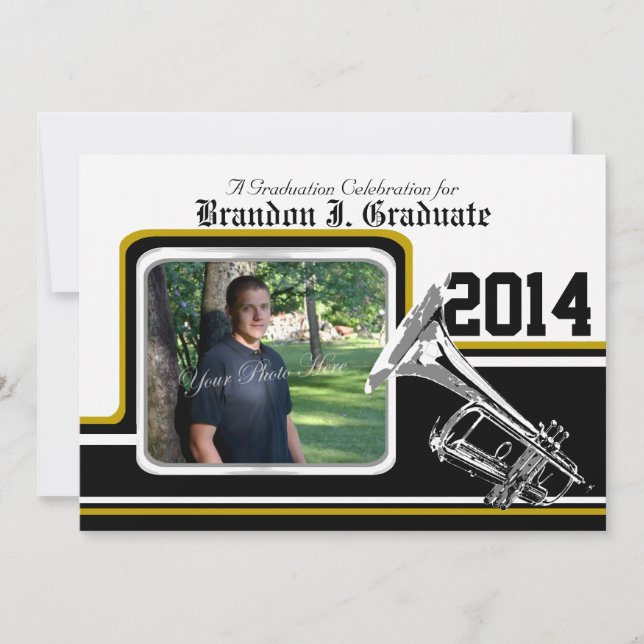 Varsity Band Trumpet Graduation Photo Gold Invitation (Front)