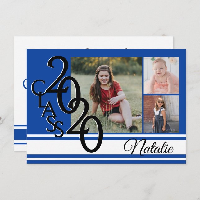 Varsity Blue 2020 Graduation Tri Photo Invitation (Front/Back)