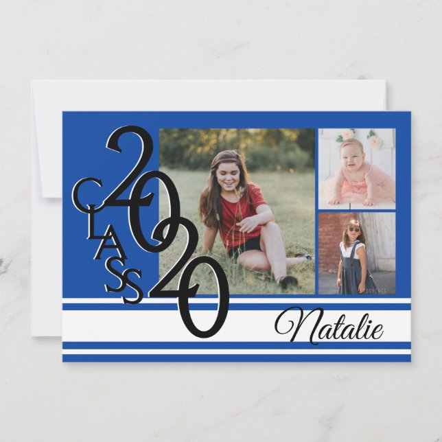 Varsity Blue 2020 Graduation Tri Photo Invitation (Front)