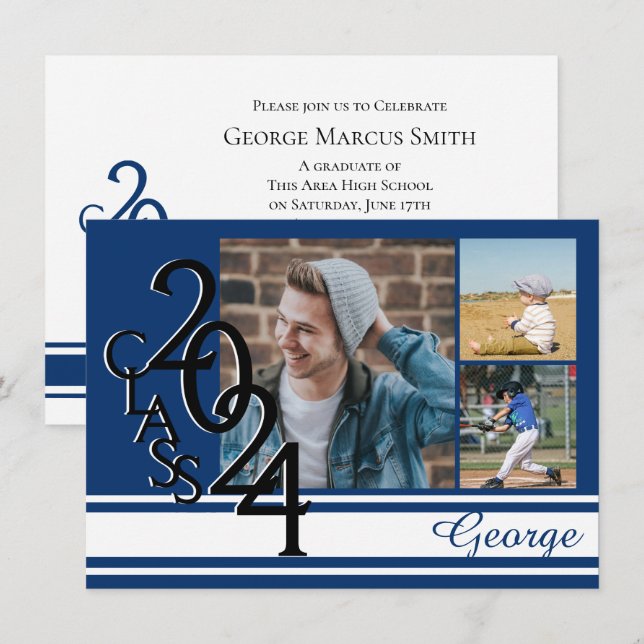 Varsity Blue 2024 Graduation Tri Photo Invitation (Front/Back)