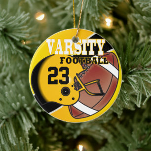 Varsity Golden Yellow and Black Football Ceramic Tree Decoration