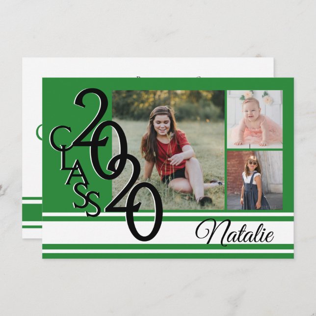 Varsity Green 2020 Graduation Tri Photo Invitation (Front/Back)