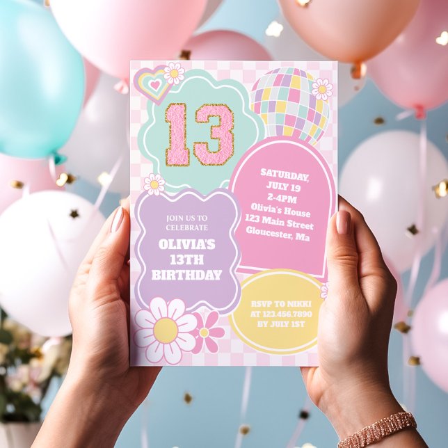 Varsity preppy pastel patch 13th Birthday Invitation (Creator Uploaded)