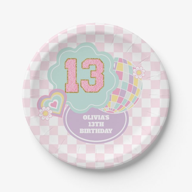 Varsity preppy pastel patch 13th Birthday Paper Plate (Front)