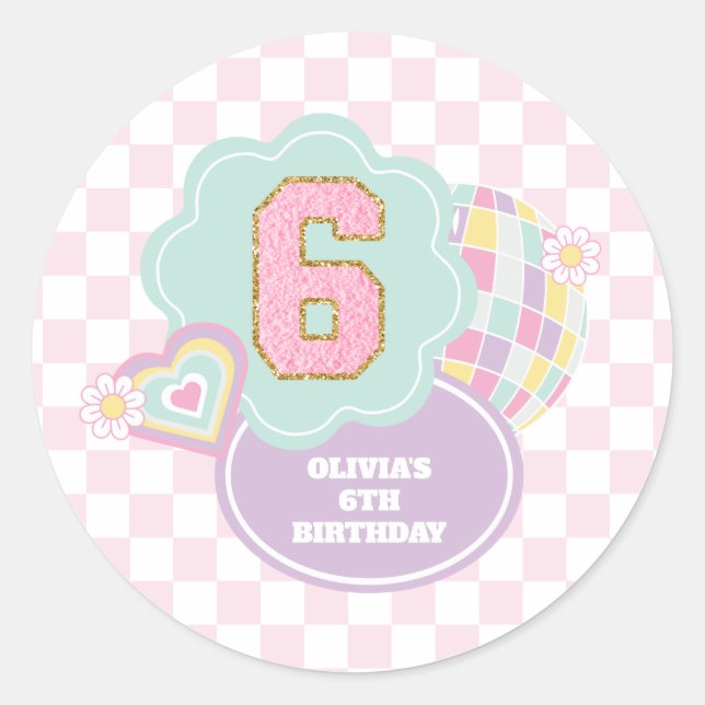 Varsity preppy pastel patch 6th Birthday Classic Round Sticker (Front)