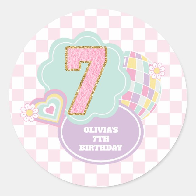 Varsity preppy pastel patch 7th Birthday Classic Round Sticker (Front)