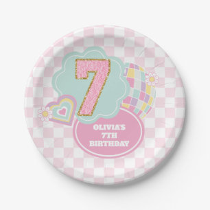 Varsity preppy pastel patch 7th Birthday Paper Plate