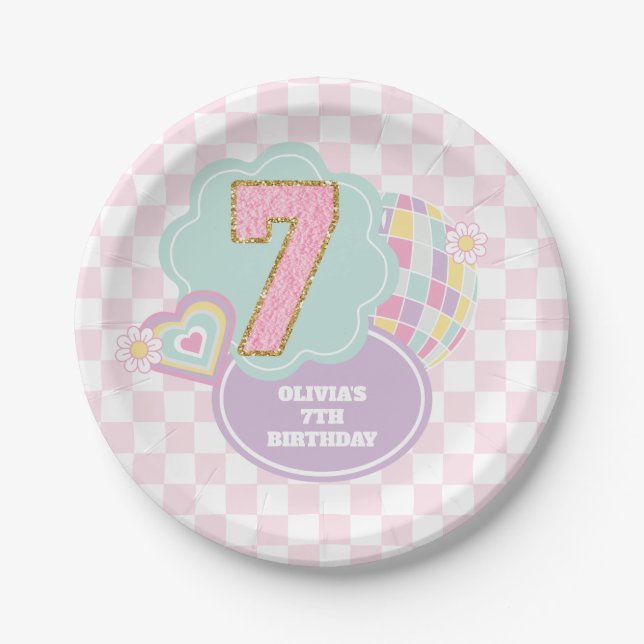 Varsity preppy pastel patch 7th Birthday Paper Plate (Front)