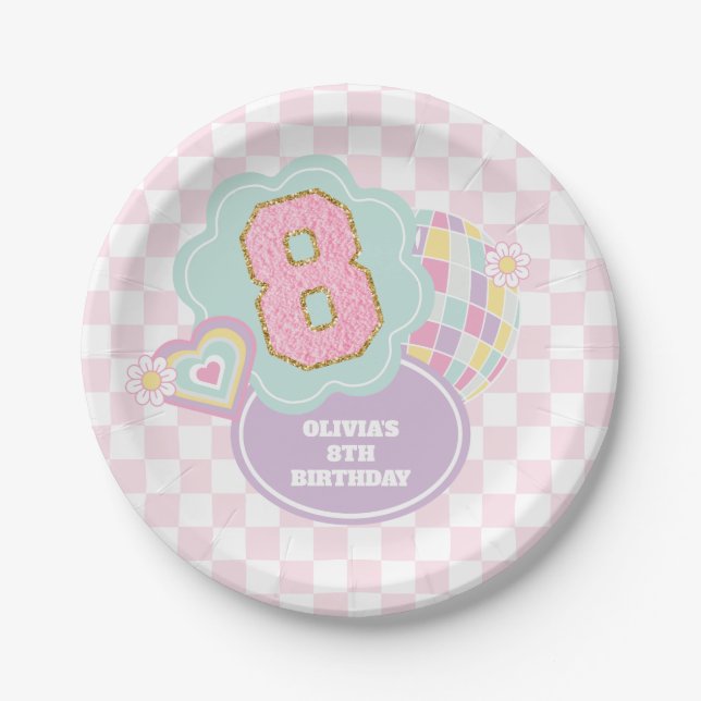 Varsity preppy pastel patch 8th Birthday Paper Plate (Front)