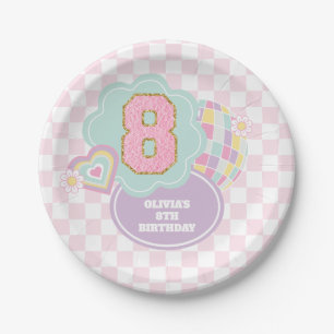 Varsity preppy pastel patch 8th Birthday Paper Plate