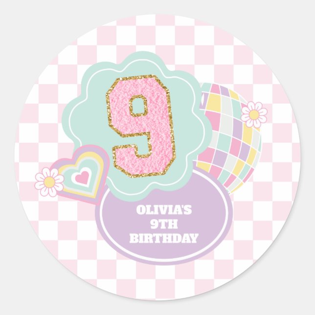 Varsity preppy pastel patch 9th Birthday Classic Round Sticker (Front)