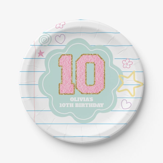 Varsity preppy pastel patch notebook 10th Birthday Paper Plate (Front)