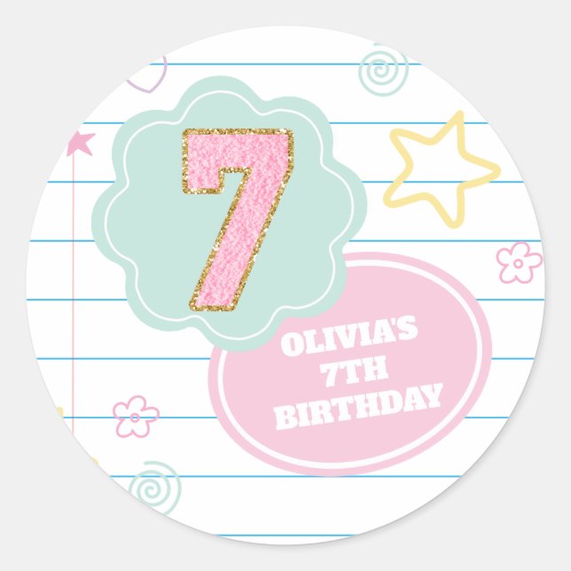 Varsity preppy pastel patch notebook 7th Birthday Classic Round Sticker (Front)