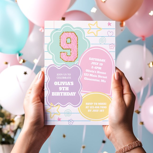 Varsity preppy pastel patch notebook 9th Birthday Invitation (Creator Uploaded)