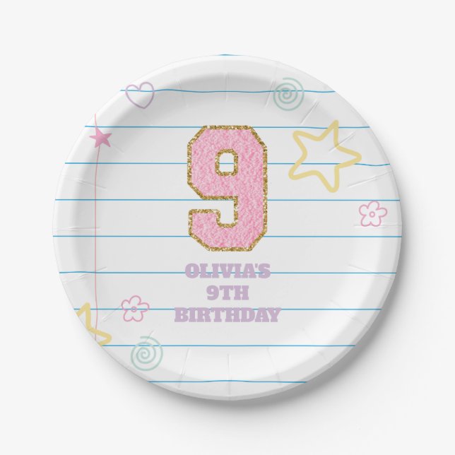 Varsity preppy pastel patch notebook 9th Birthday Paper Plate (Front)