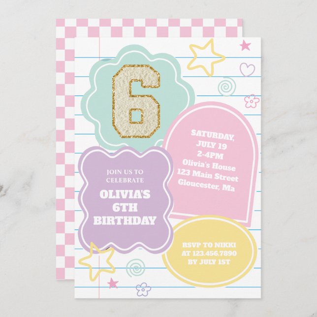 Varsity preppy pastel patch notebook Birthday Invitation (Front/Back)