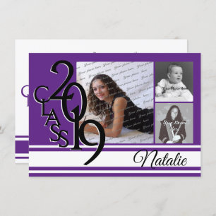 Varsity Purple 2019 Graduation Three Photo Invitation