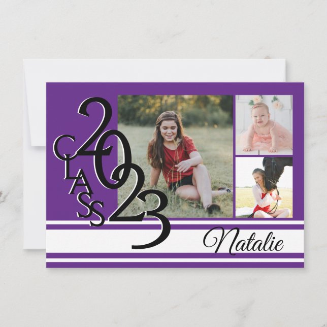 Varsity Purple 2023 Graduation Tri Photo Invitation (Front)