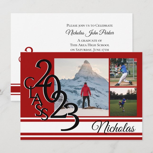 Varsity Red 2023 Graduation Tri Photo Invitation (Front/Back)