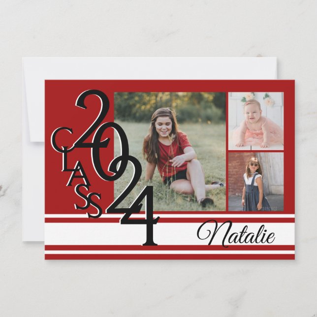 Varsity Red 2024 Graduation Tri Photo Invitation (Front)