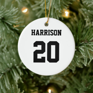 Varsity sports black white custom name number ceramic tree decoration
