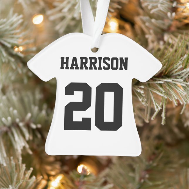 Varsity sports black white custom name number ornament (Tree)