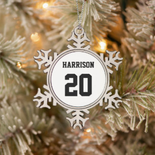 Varsity sports black white custom name number snowflake pewter christmas ornament