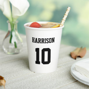 Varsity sports black white name number birthday paper cups