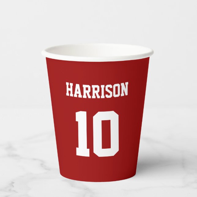 Varsity sports crimson red jersey name number paper cups (Front)