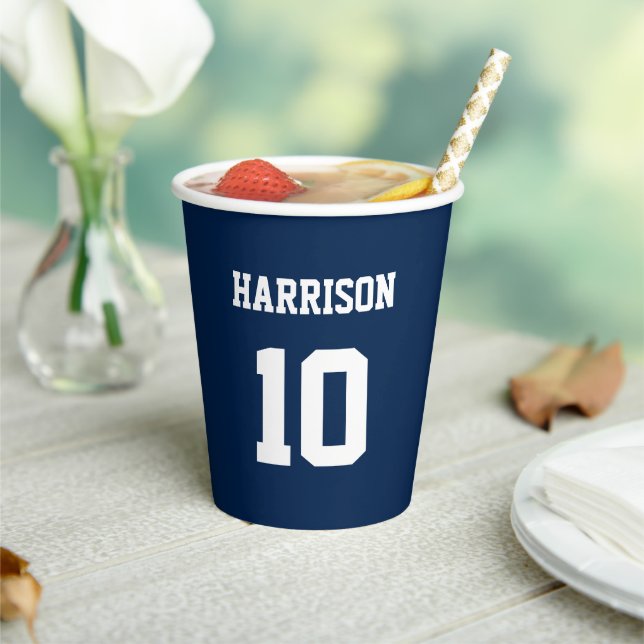 Varsity sports navy blue and white name number  paper cups (Insitu)