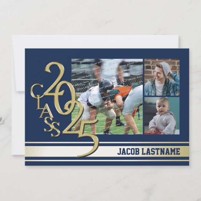 Varsity Stripe Tri Photo Gold Graduate Invitation (Front)