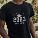 Varsity Style Graduate Class of 2022 Custom Name T-Shirt<br><div class="desc">Fun varsity-style grad t-shirt featuring the graduation year in large numbers with the "class of" displayed in an arch design above. A grad cap and tassel are placed in the centre and personalised with the grad's name. Makes a great personalised keepsake gift for the grad.</div>