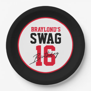 Varsity Style Red Swag 16 Birthday Paper Plate