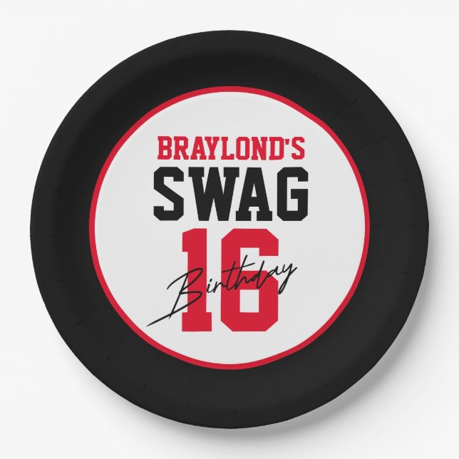 Varsity Style Red Swag 16 Birthday Paper Plate (Front)