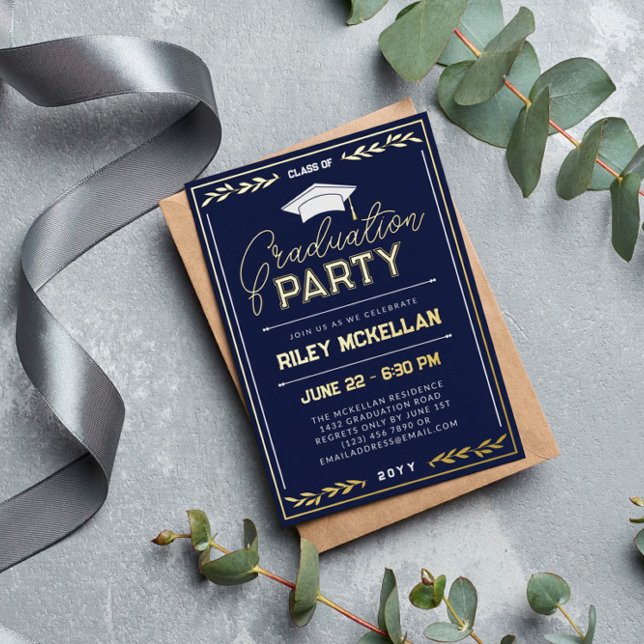 Varsity Typography Navy Gold Graduation Party (Creator Uploaded)