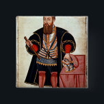 Vasco da Gama , illustration 15 Cm Square Badge<br><div class="desc">Sloane 197 f.18 Vasco da Gama | by Pedro Barretto de Resende | Art Location: British Library,  London,  UK | Portuguese Artist | Image Collection Number: XTD84819</div>