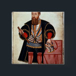 Vasco da Gama , illustration 15 Cm Square Badge<br><div class="desc">Sloane 197 f.18 Vasco da Gama | by Pedro Barretto de Resende | Art Location: British Library,  London,  UK | Portuguese Artist | Image Collection Number: XTD84819</div>