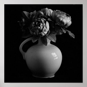 Vase and Peony Flowers Black and White Art Print